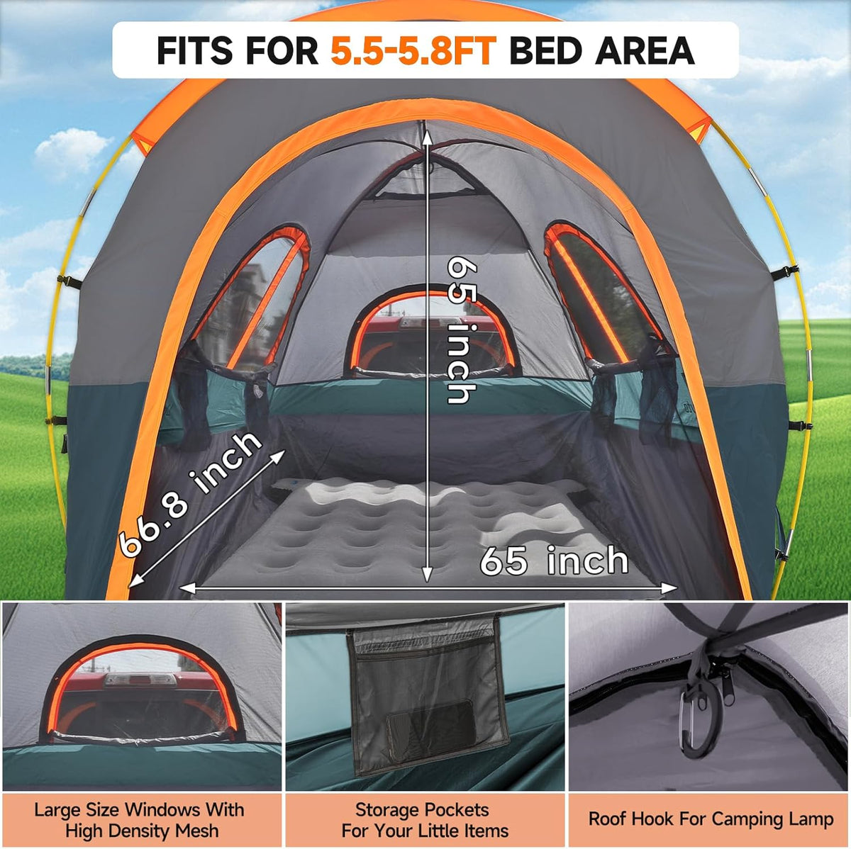 Truck Bed Tent with Awning,Fits 5.5-5.8 ft Truck Beds | PU3000mm Waterproof Pickup Tent
