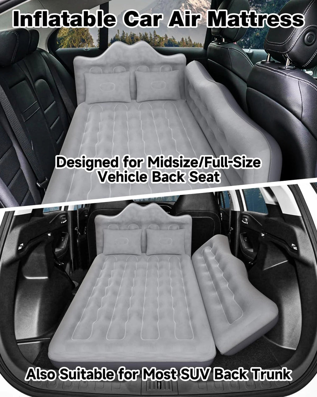 29.53in/75cm Wide Car Air Mattress/Inflatable SUV/Truck/Van Bed with Pump & Pillows, Gray