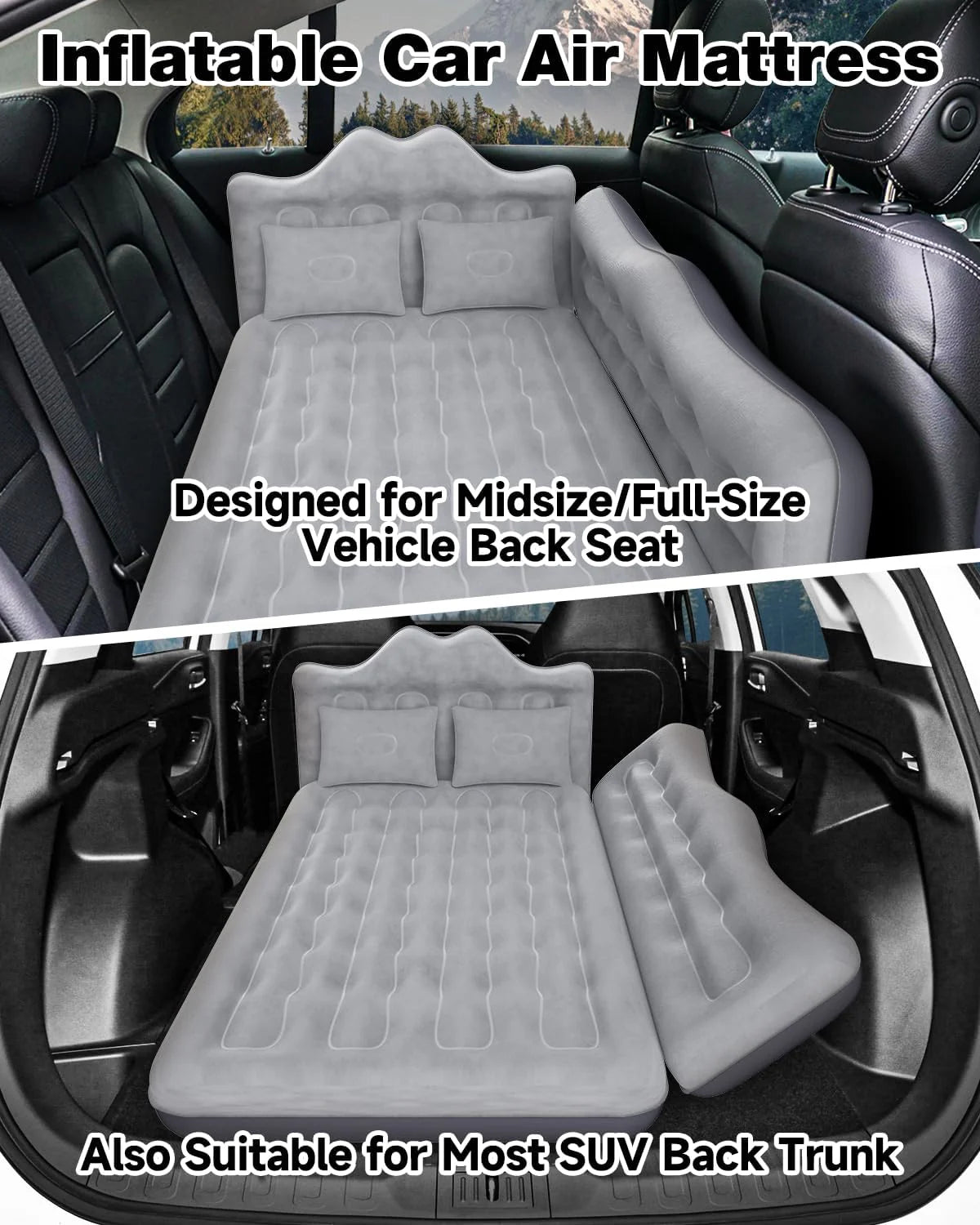29.53in/75cm Wide Car Air Mattress/Inflatable SUV/Truck/Van Bed with Pump & Pillows, Gray