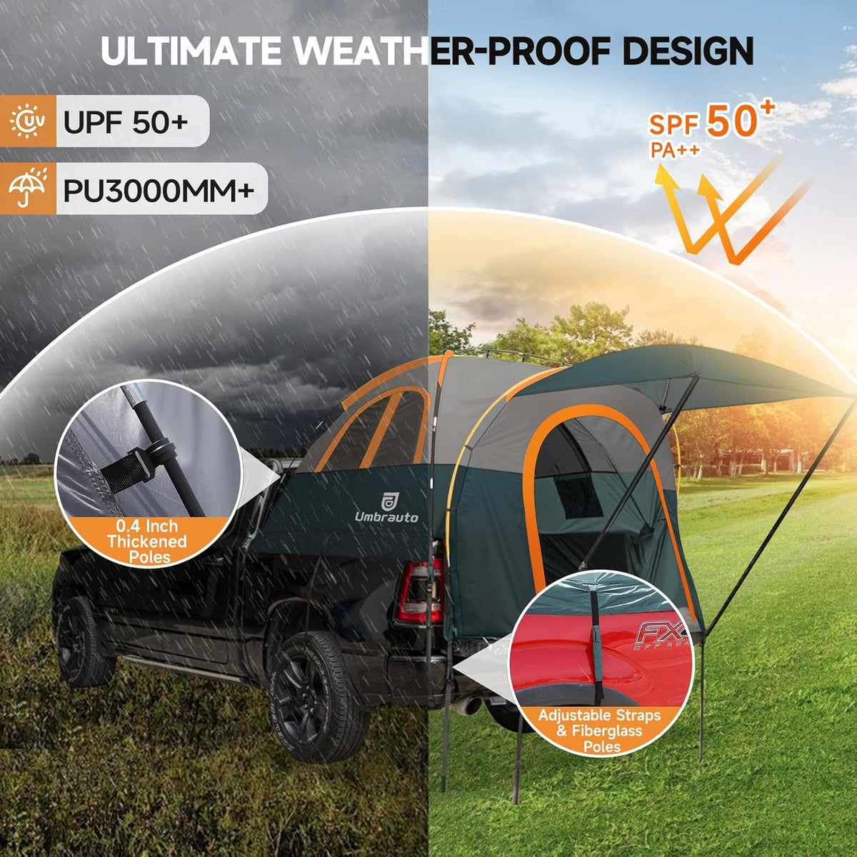 Truck Bed Tent with Awning,Fits 5.5-5.8 ft Truck Beds | PU3000mm Waterproof Pickup Tent