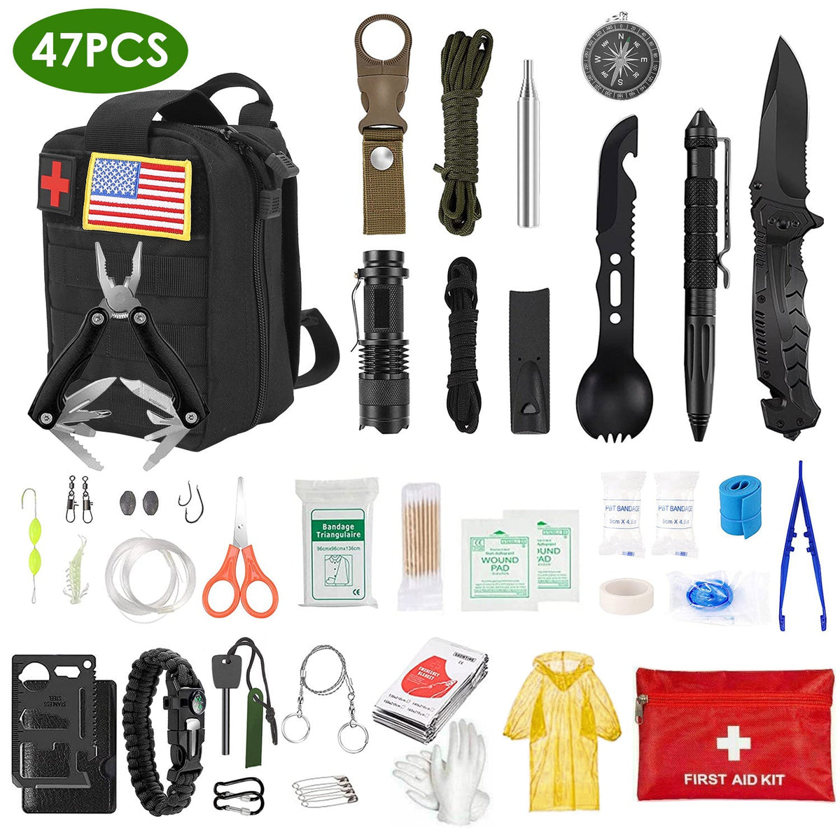 47Pcs Emergency Survival Kit/ EDC Gear Equipment Tool/ First Aid Supplies/Tools with Pouch