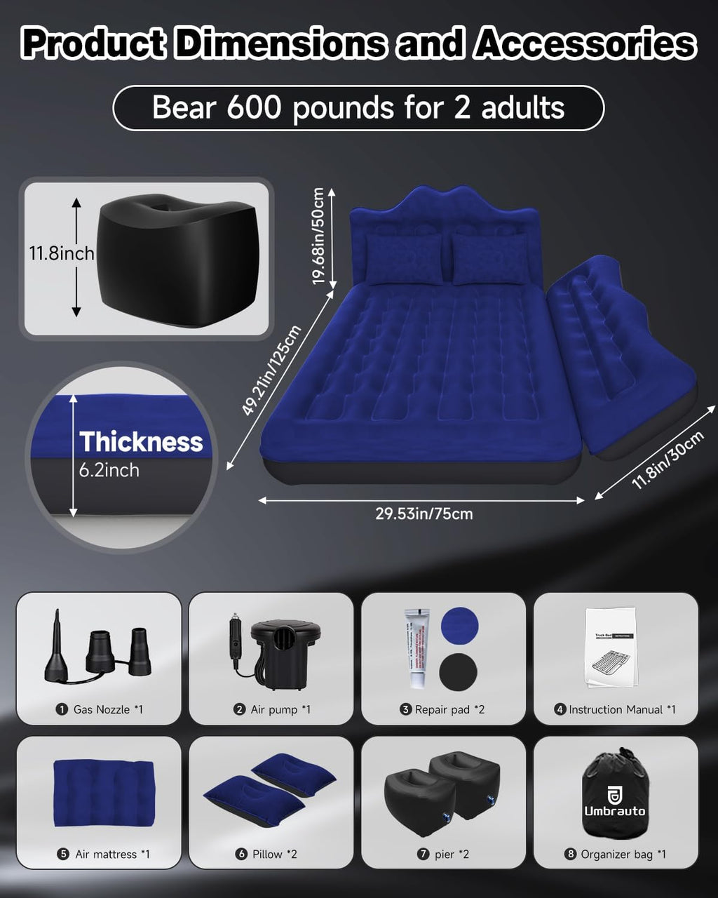 Car Air Mattress Inflatable/29.53in/75cm Wide/Back Seat Camping Bed w/ Pump/Pillows, Navy