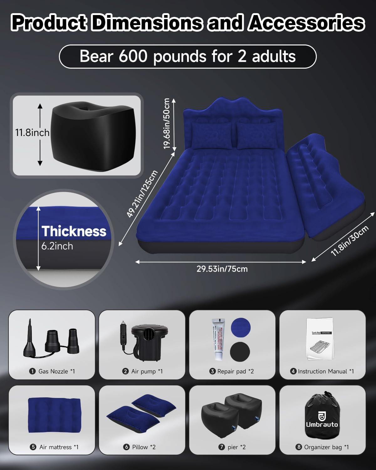 Car Air Mattress Inflatable/29.53in/75cm Wide/Back Seat Camping Bed w/ Pump/Pillows, Navy