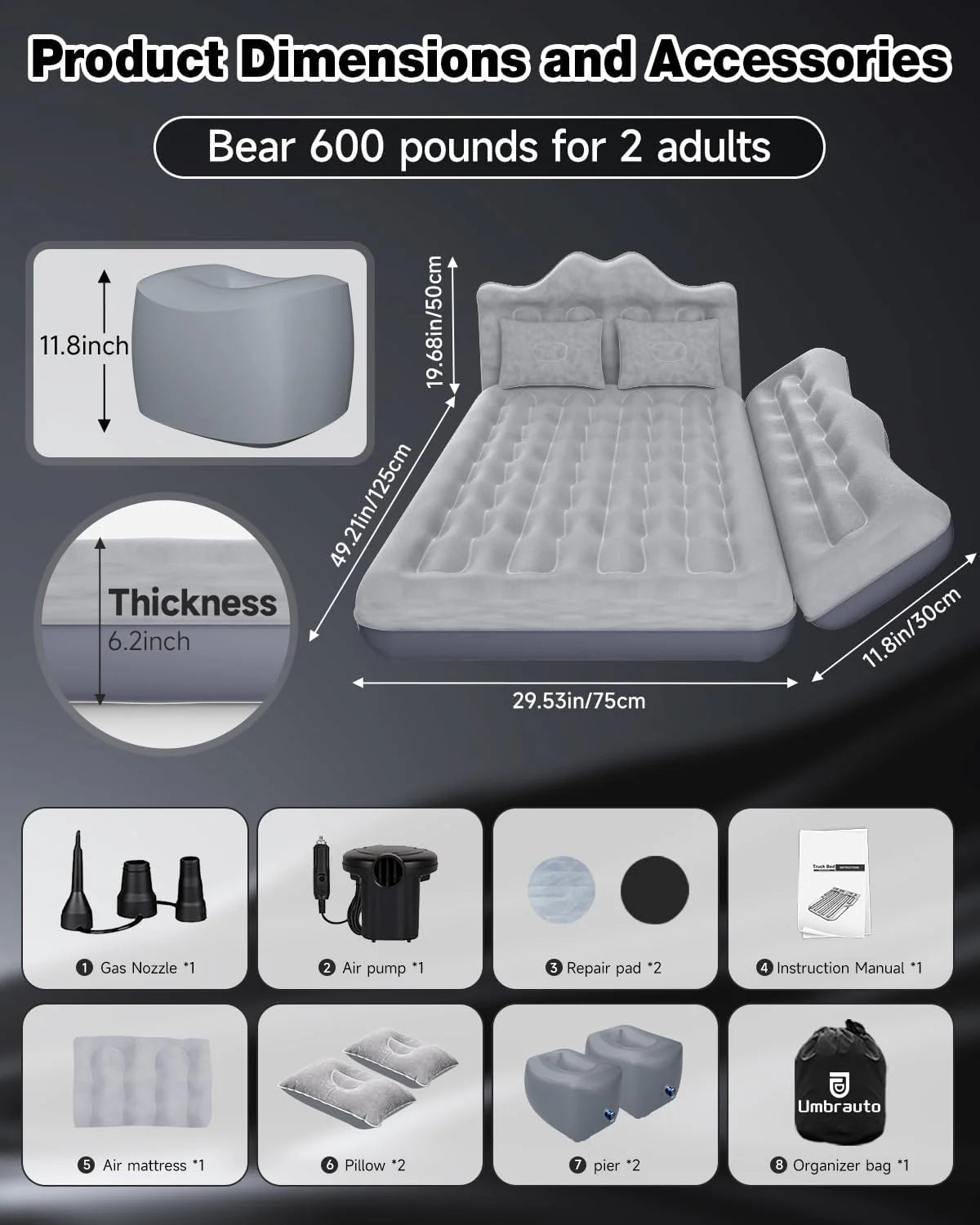 29.53in/75cm Wide Car Air Mattress/Inflatable SUV/Truck/Van Bed with Pump & Pillows, Gray