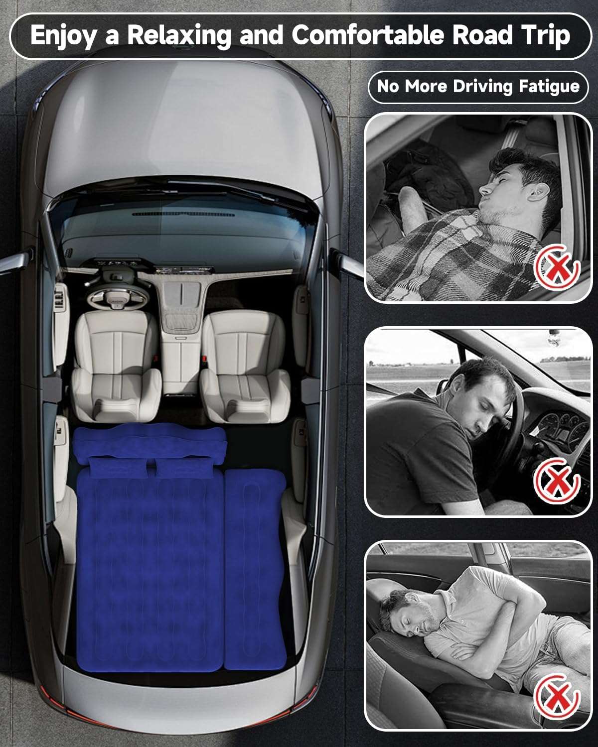 Car Air Mattress Inflatable/29.53in/75cm Wide/Back Seat Camping Bed w/ Pump/Pillows, Navy