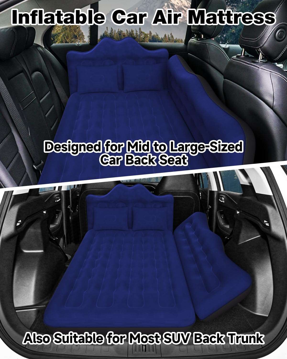 Car Air Mattress Inflatable/29.53in/75cm Wide/Back Seat Camping Bed w/ Pump/Pillows, Navy