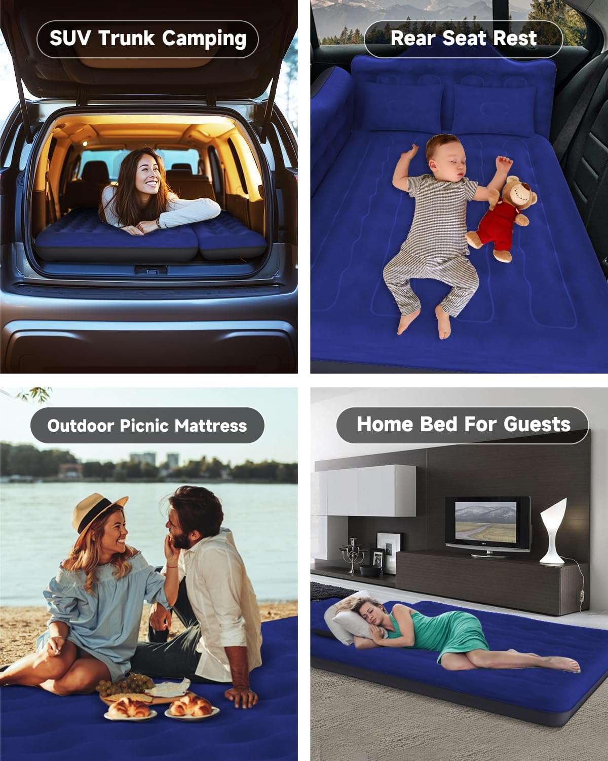 Car Air Mattress Inflatable/29.53in/75cm Wide/Back Seat Camping Bed w/ Pump/Pillows, Navy