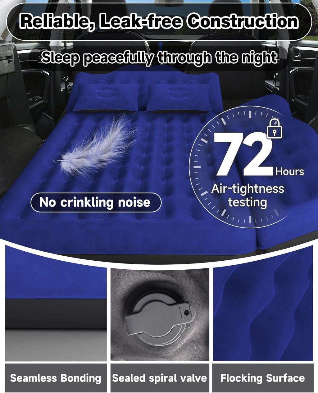 Car Air Mattress Inflatable/29.53in/75cm Wide/Back Seat Camping Bed w/ Pump/Pillows, Navy
