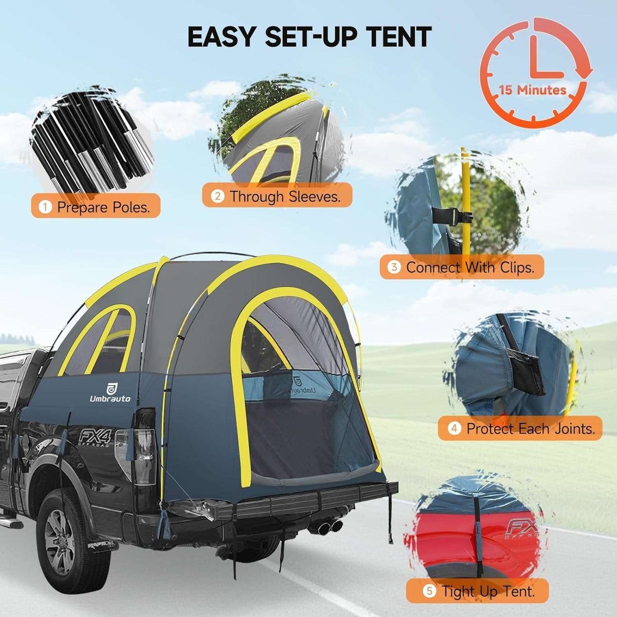 Truck Bed Tent PU3000mm Waterproof Pickup Truck Tents