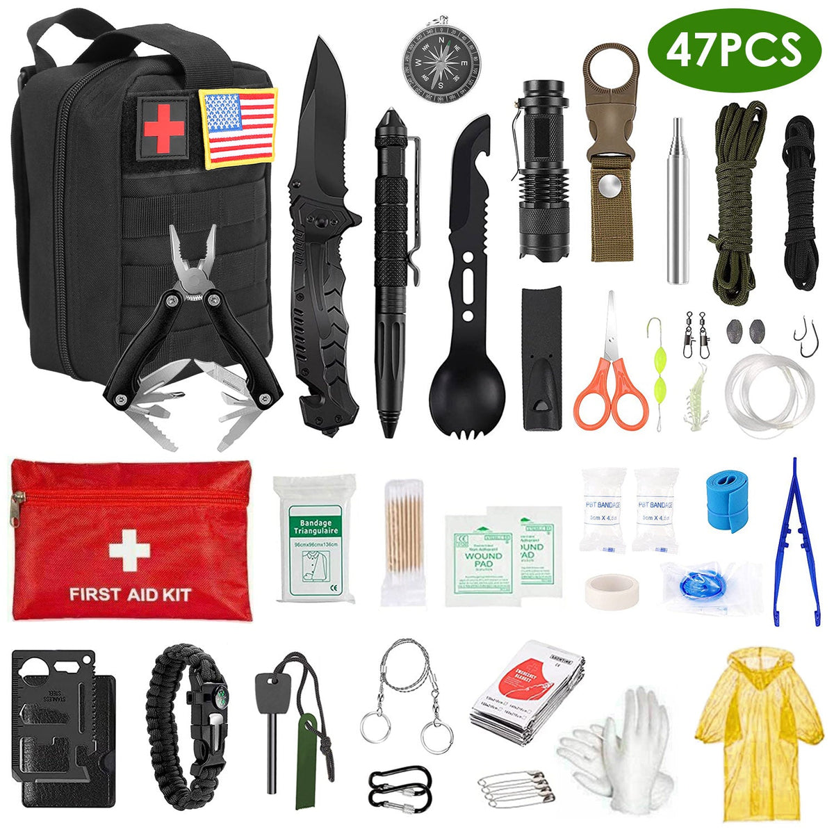 47Pcs Emergency Survival Kit/ EDC Gear Equipment Tool/ First Aid Supplies/Tools with Pouch