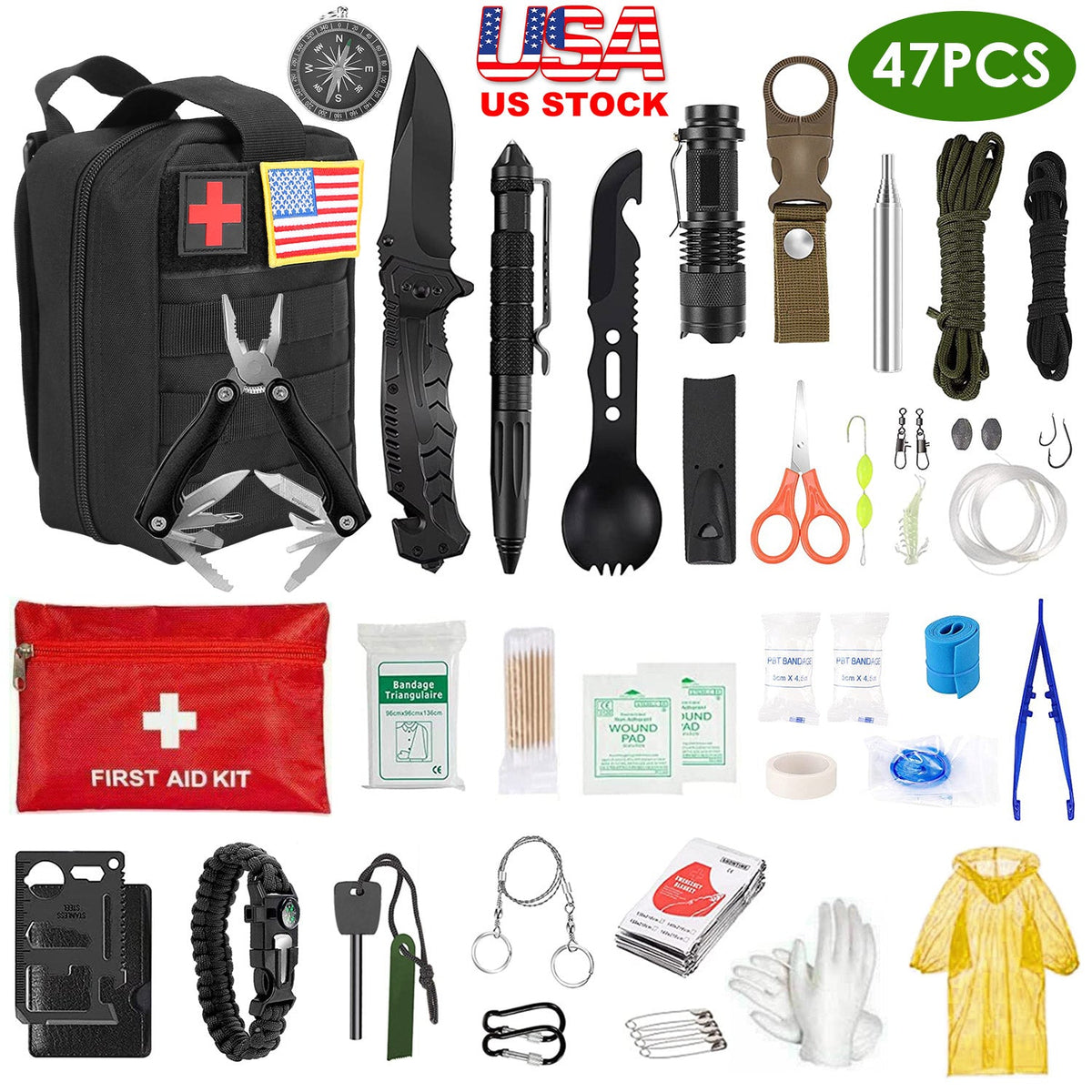 47Pcs Emergency Survival Kit/EDC Gear First Aid Supplies for Hiking Hunting Disaster Camp