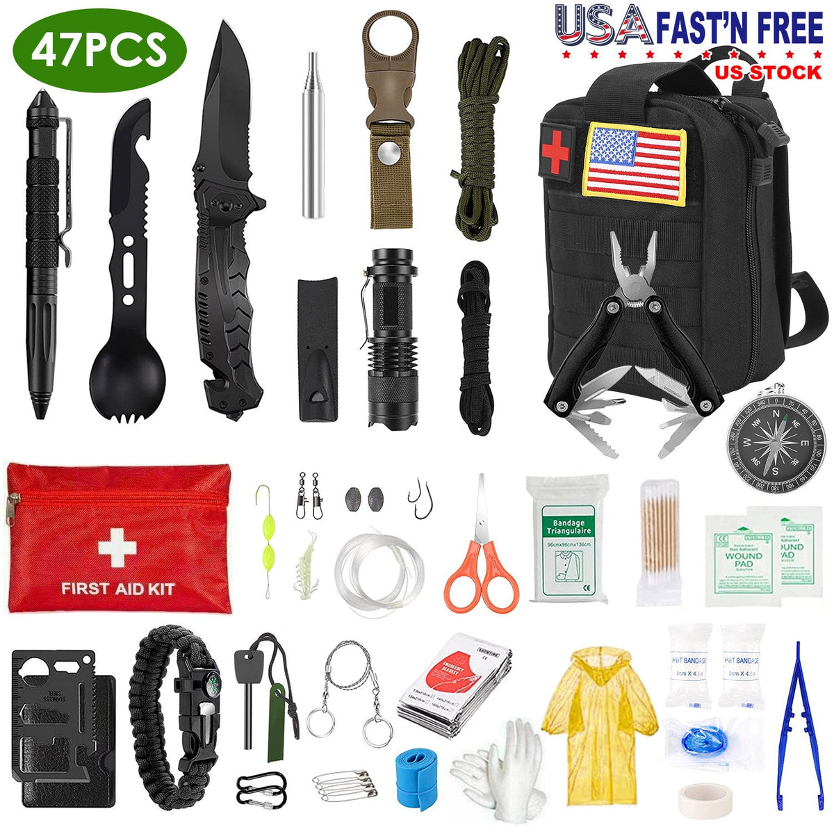 47Pcs Emergency Survival Kit/EDC Gear First Aid Supplies for Hiking Hunting Disaster Camp