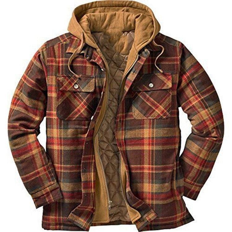 Men's Autumn Winter Jacket Plaid Hooded Long Sleeve Casual Shirt Jackets