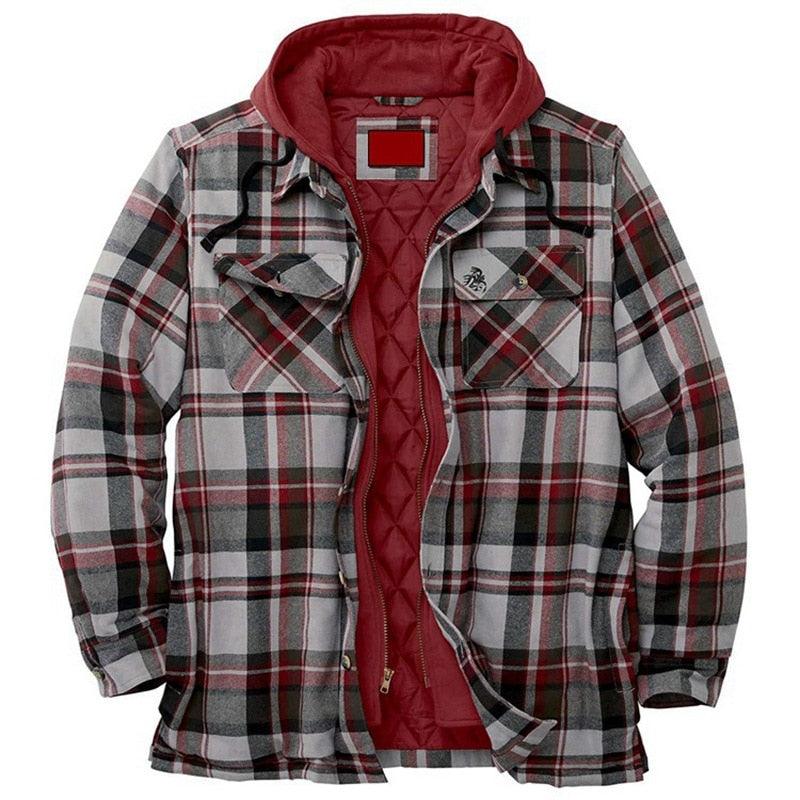 Men's Autumn Winter Jacket Plaid Hooded Long Sleeve Casual Shirt Jackets