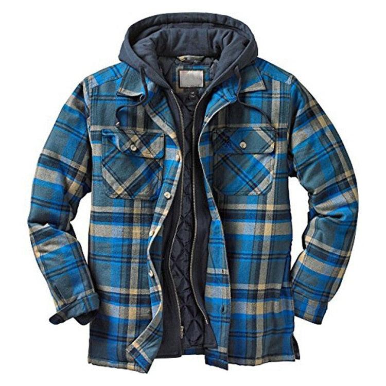 Men's Autumn Winter Jacket Plaid Hooded Long Sleeve Casual Shirt Jackets