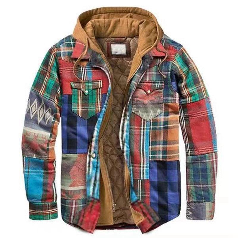 Men's Autumn Winter Jacket Plaid Hooded Long Sleeve Casual Shirt Jackets