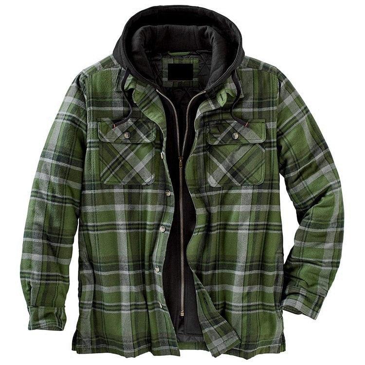 Men's Autumn Winter Jacket Plaid Hooded Long Sleeve Casual Shirt Jackets