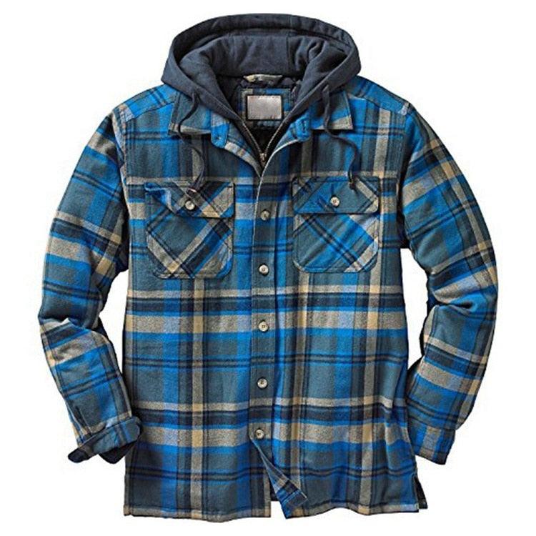 Men's Autumn Winter Jacket Plaid Hooded Long Sleeve Casual Shirt Jackets