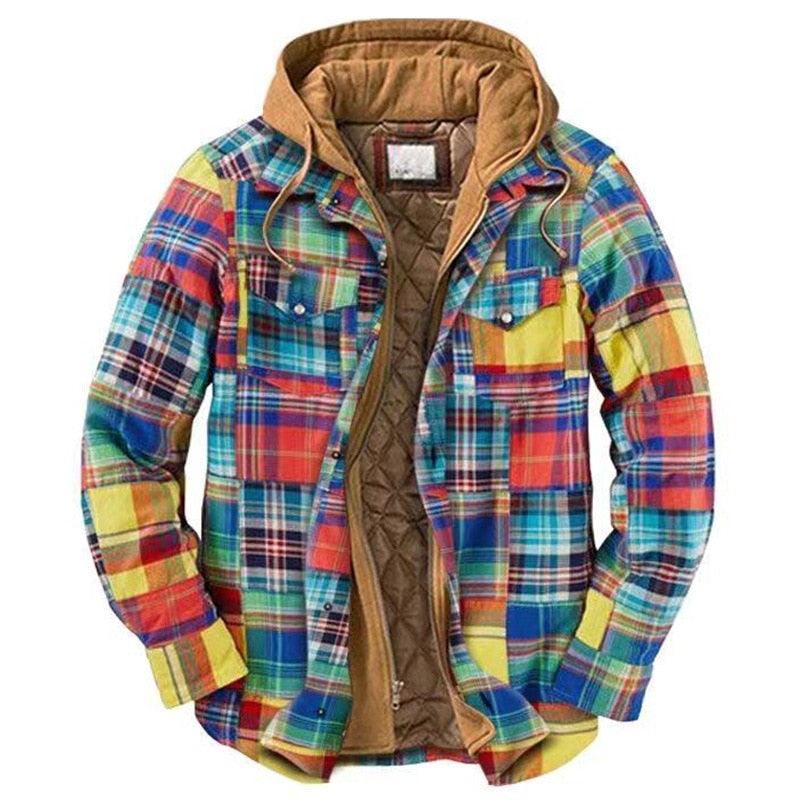 Men's Autumn Winter Jacket Plaid Hooded Long Sleeve Casual Shirt Jackets