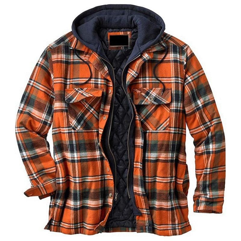 Men's Autumn Winter Jacket Plaid Hooded Long Sleeve Casual Shirt Jackets
