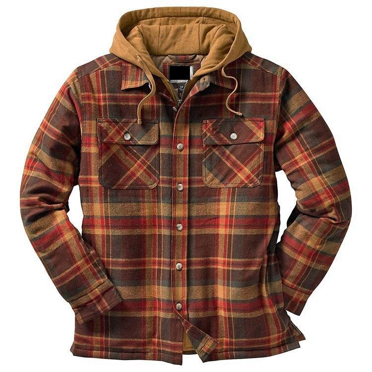Men's Autumn Winter Jacket Plaid Hooded Long Sleeve Casual Shirt Jackets