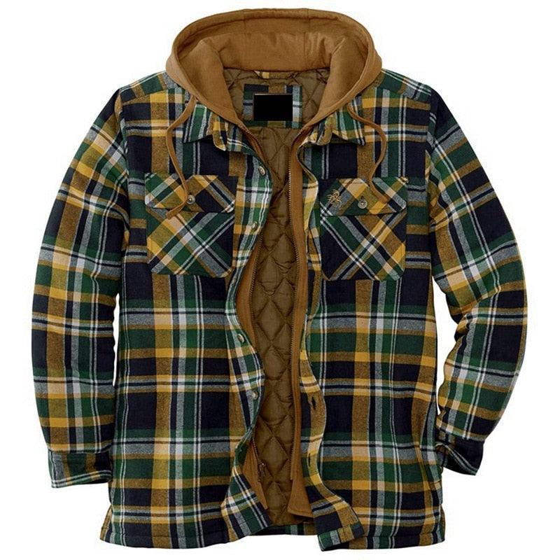 Men's Autumn Winter Jacket Plaid Hooded Long Sleeve Casual Shirt Jackets