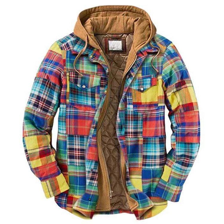 Men's Autumn Winter Jacket Plaid Hooded Long Sleeve Casual Shirt Jackets