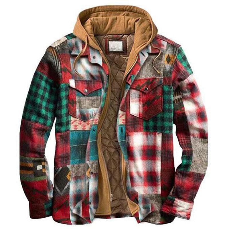 Men's Autumn Winter Jacket Plaid Hooded Long Sleeve Casual Shirt Jackets