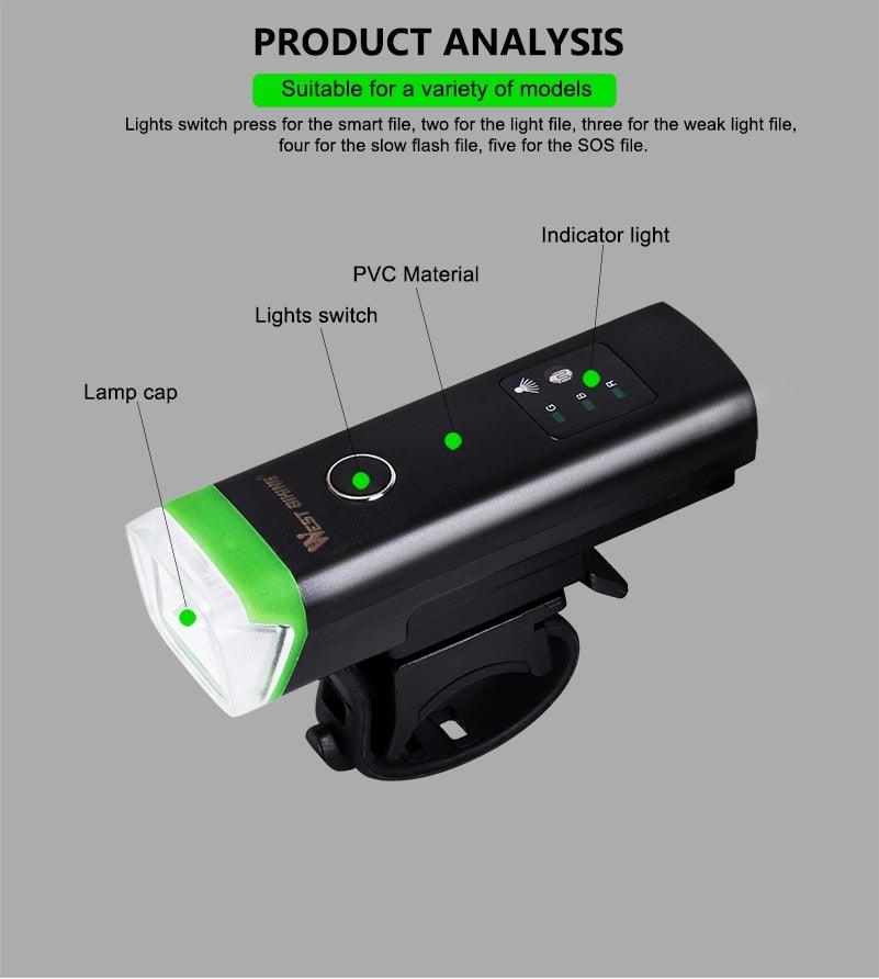 Waterproof Bicycle Light Smart Front Lamp Headlight With Horn USB Rechargeable LED